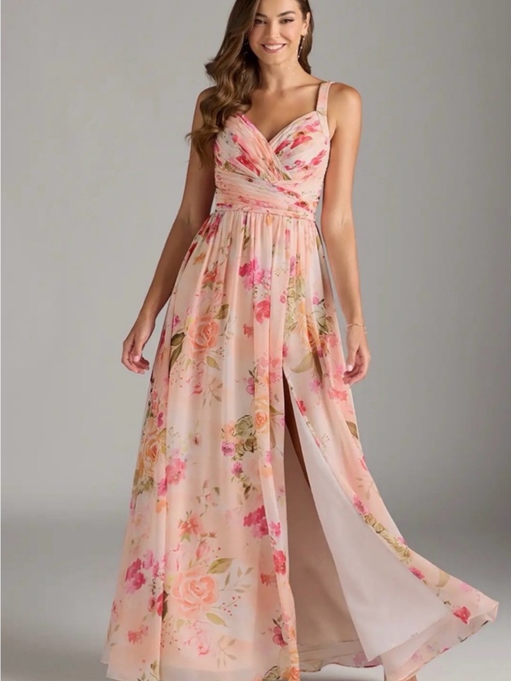 Azazie Chanel Pink Abstract Watercolor Floral Maxi Dress with Side Slit - Picture 3 of 12